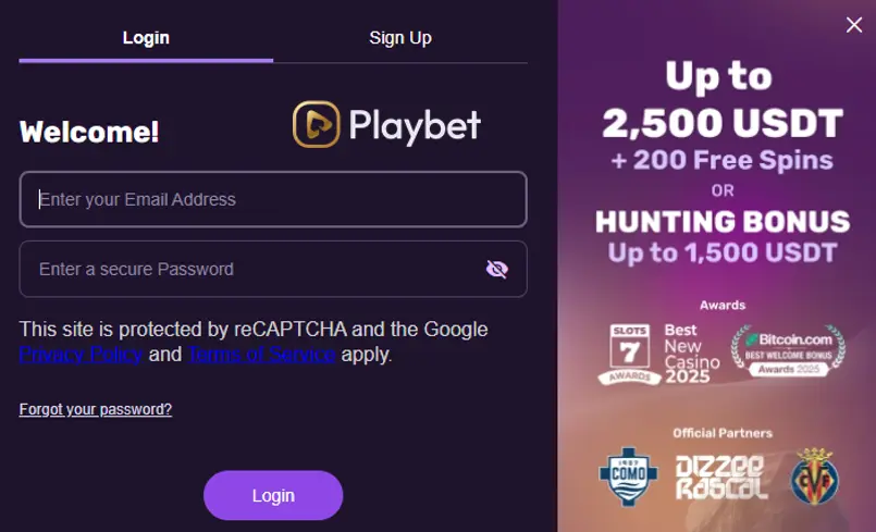 Log in at Playbet Casino